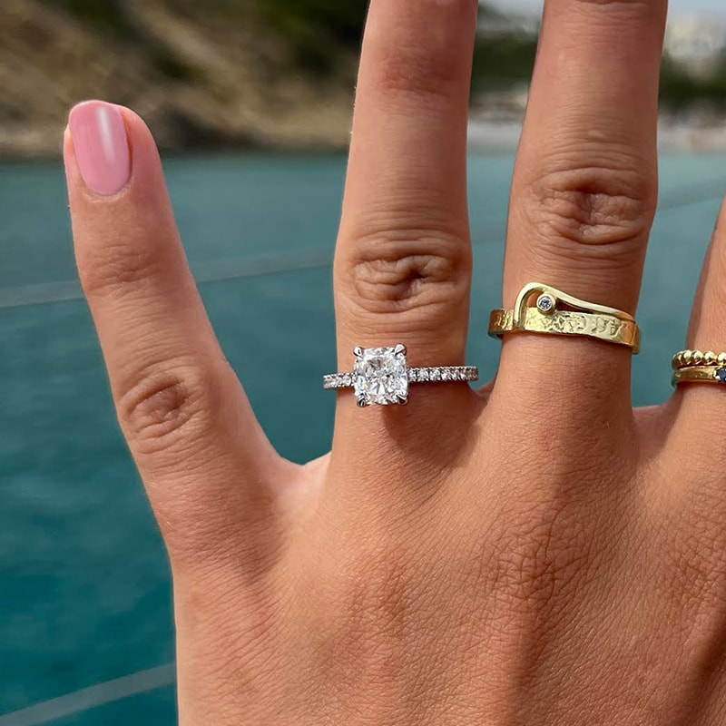 Four Claw Cushion Shape Diamond Micro Setting Engagement Ring view 6