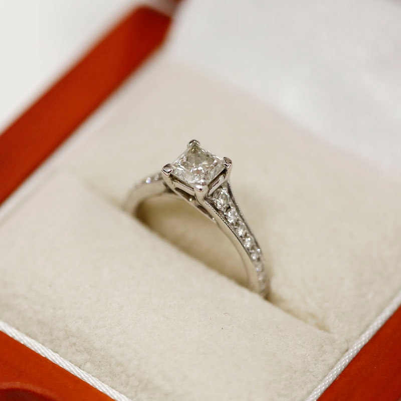 Four Claw Princess Cut Reverse Tapered Diamond Engagement Ring in a Box