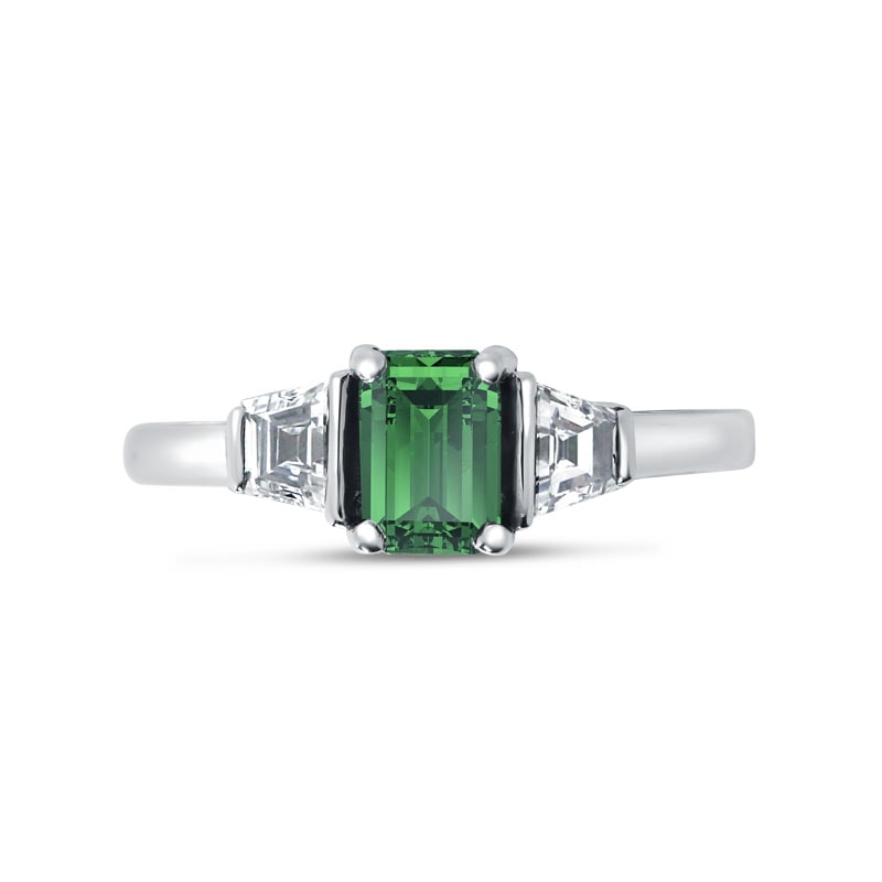 Green Emerald Trapezoid Side Diamonds Engagement Ring view 1