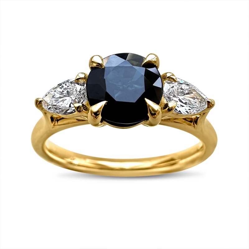Round Blue Sapphire and Pear Diamond Trilogy Engagement Ring view 3