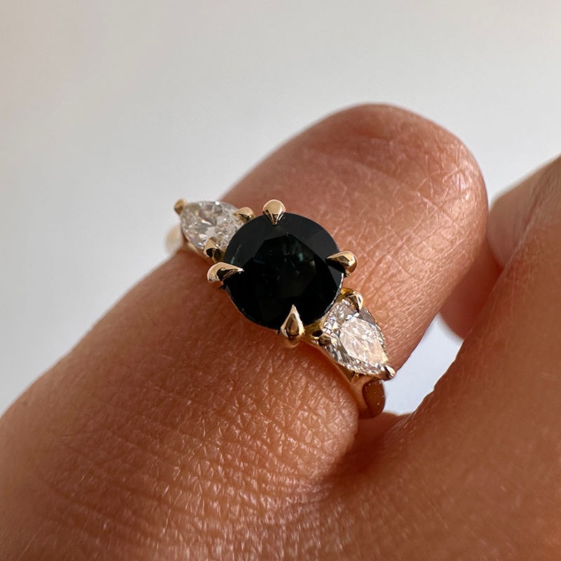 Round Blue Sapphire and Pear Diamond Trilogy Engagement Ring view 7