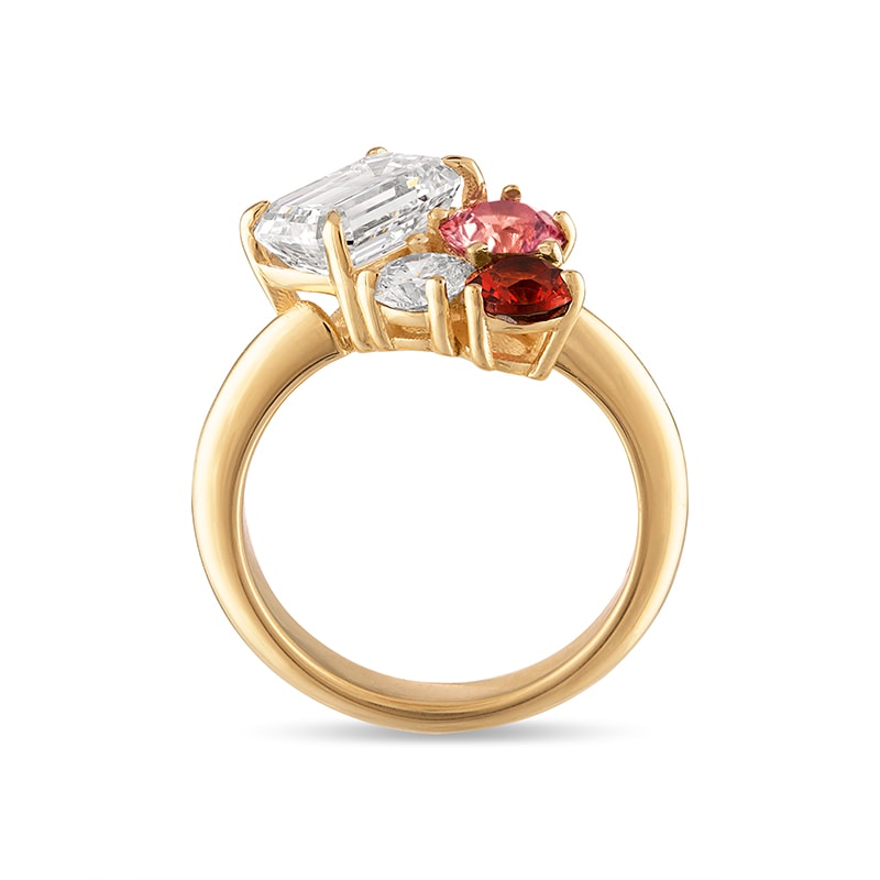 Asymmetrical Emerald with Three Offset Round Brilliant Cut’s Ring view 3
