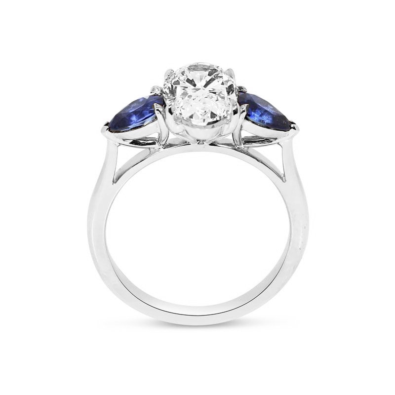 Large Oval Shape Sapphire Pear Side Stones Platinum Diamond Engagement Ring view 3
