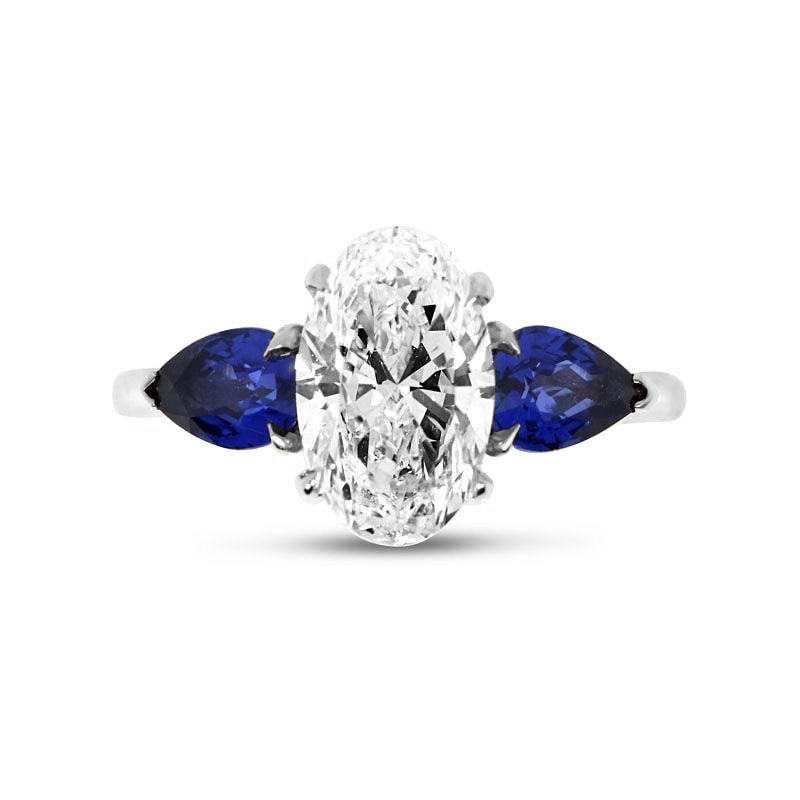 Large Oval Shape Sapphire Pear Side Stones Lab Grown Platinum Diamond Engagement Ring view 1
