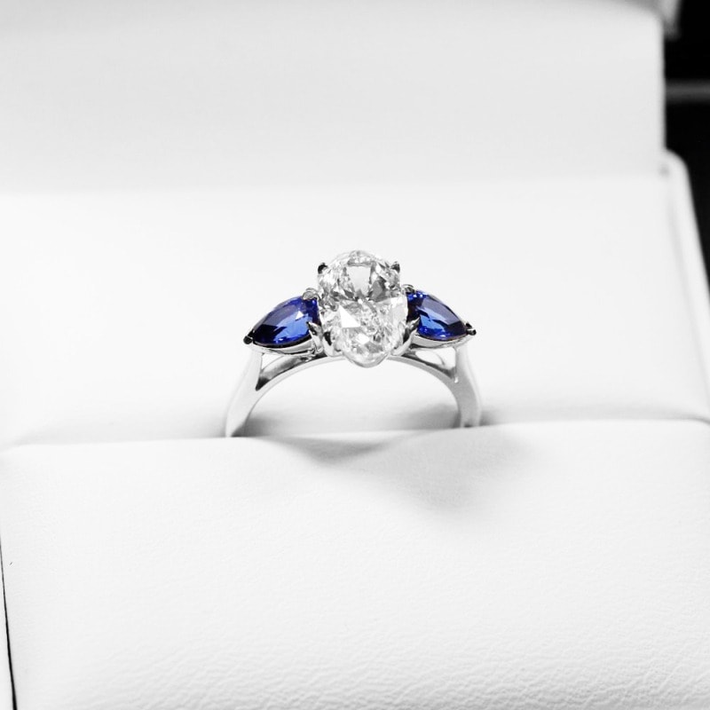 Large Oval Shape Sapphire Pear Side Stones Lab Grown Platinum Diamond Engagement Ring view 6
