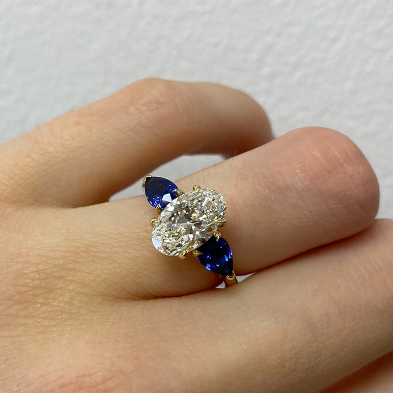Large Oval Shape Sapphire Pear Side Stones Lab Grown Platinum Diamond Engagement Ring view 8