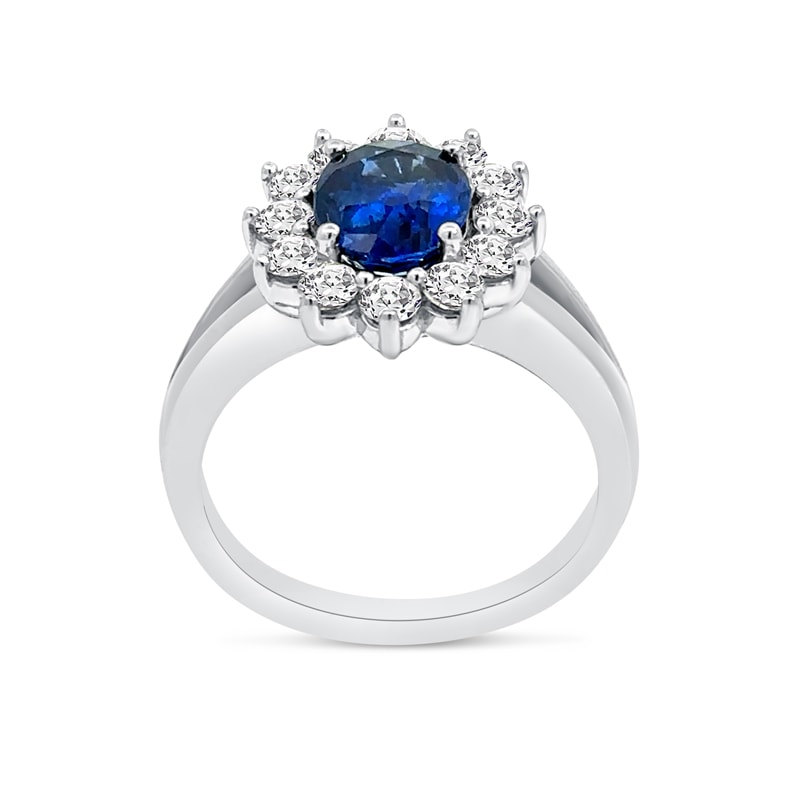 Oval Blue Sapphire Diamond Cluster Split Shank Diamond Engagement Ring view 5