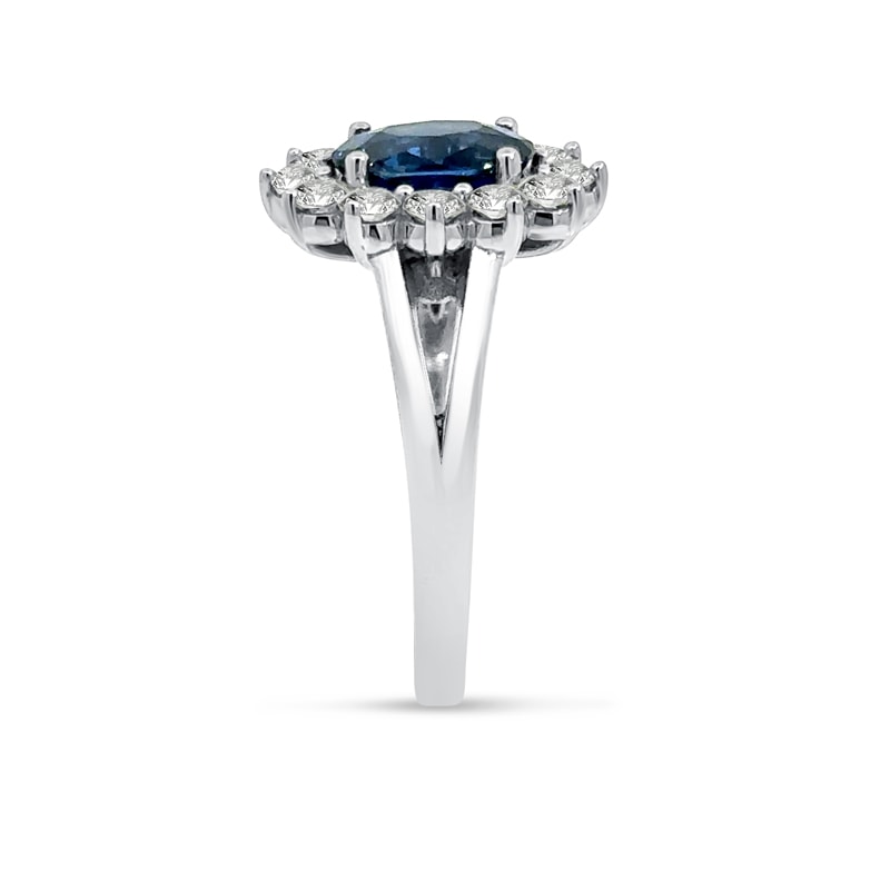 Oval Blue Sapphire Diamond Cluster Split Shank Diamond Engagement Ring view 4