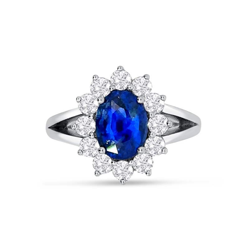 Oval Blue Sapphire Diamond Cluster Split Shank Diamond Engagement Ring view 1