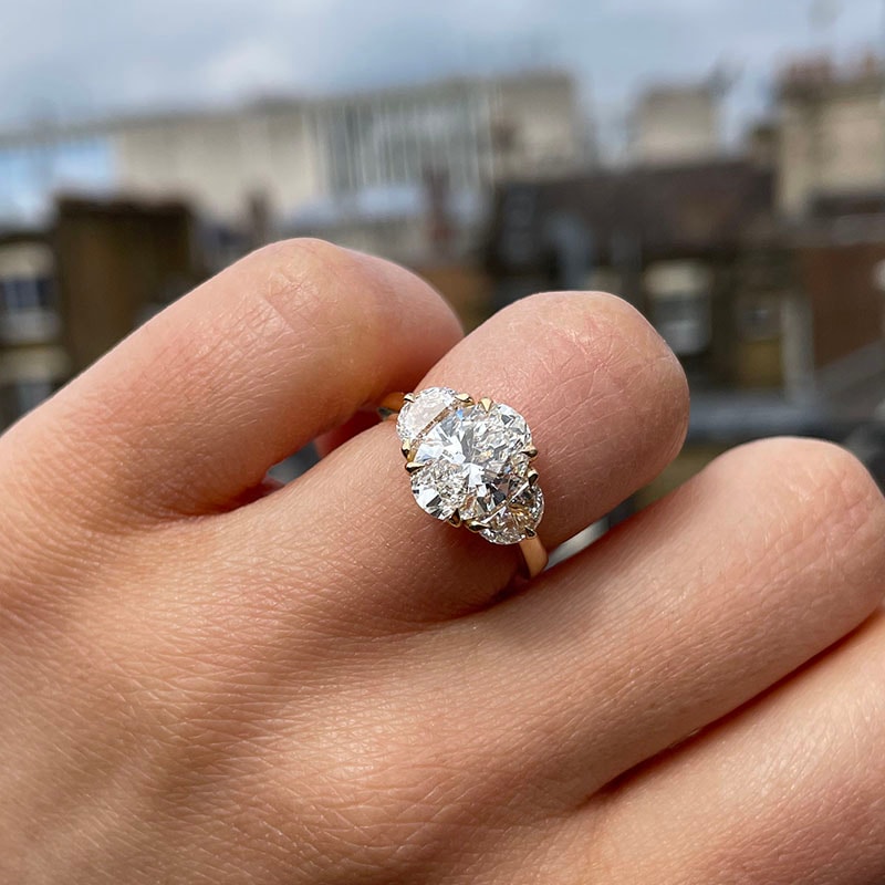 Oval Trilogy Half Moon Side Diamond Engagement Ring view 6