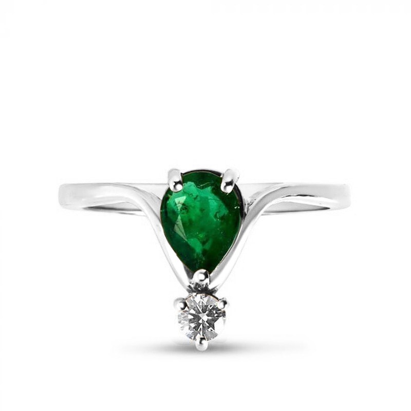 Pear Shape Green Emerald and Small Platinum Diamond Engagement Ring view 1