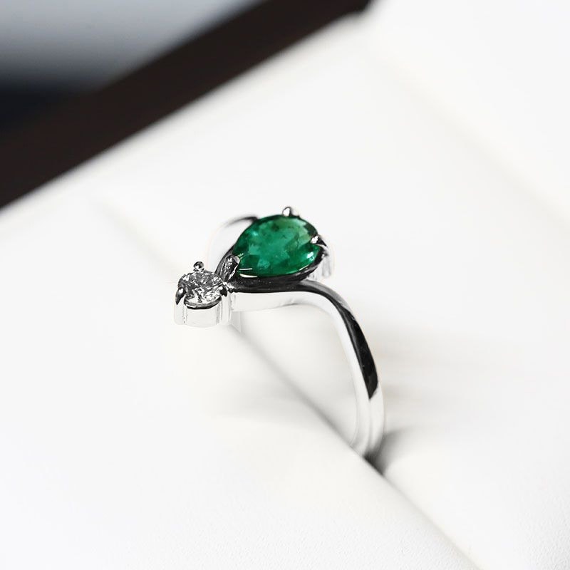 Pear Shape Green Emerald and Small Platinum Diamond Engagement Ring view 6