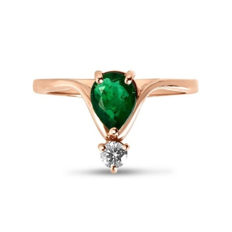 Pear Shape Green Emerald and Small Diamond Engagement Ring view 1
