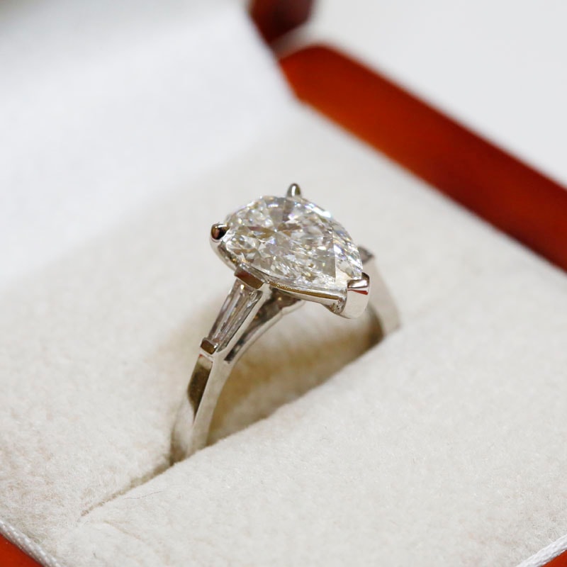 Pear Shape and Tapered Baguettes Diamond Engagement Ring in a Box