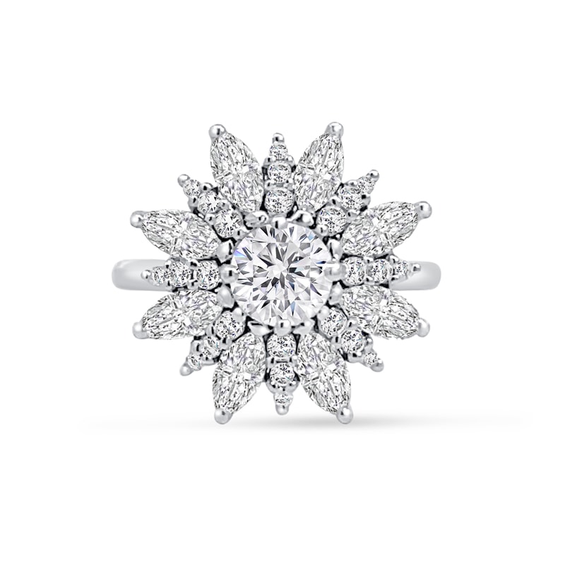 Round Center Marquise Floral Cluster Diamond Engagement Ring view 1