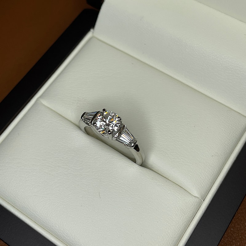Round Shape And Tapered Baguettes Lab Grown Diamond Engagement Ring view 8