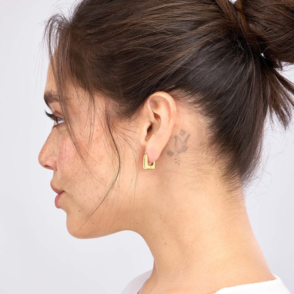 Rounded Square Gold Huggie Earrings view 2