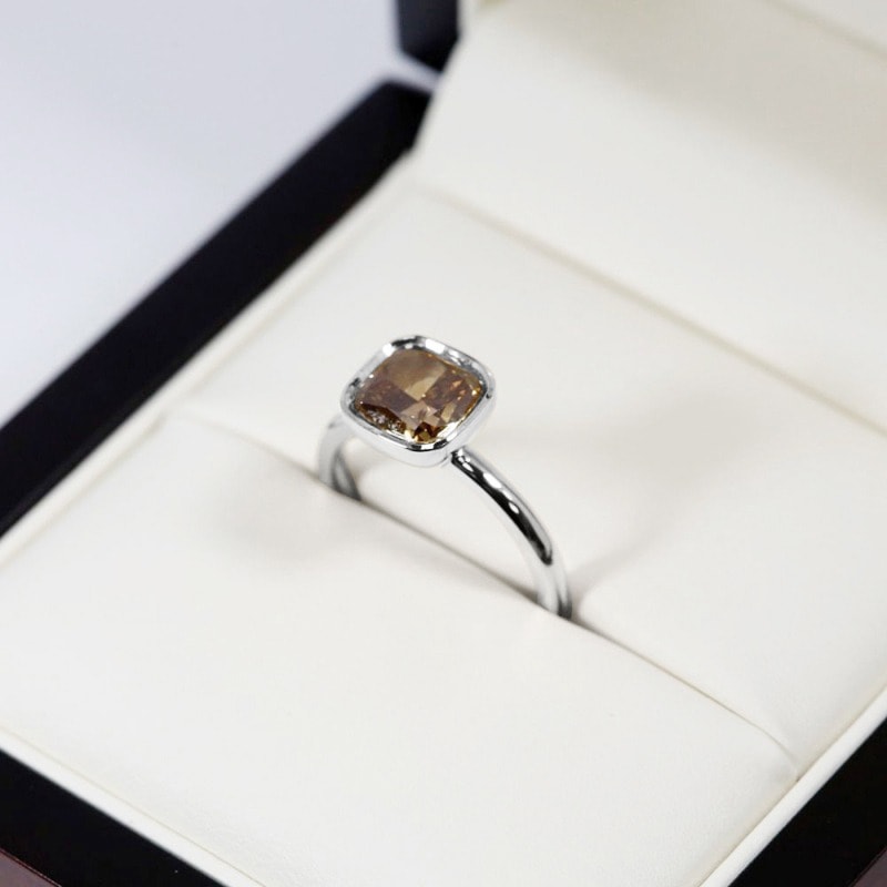 Lab Grown Yellow Brownish Cushion Platinum Diamond Engagement Ring view 6