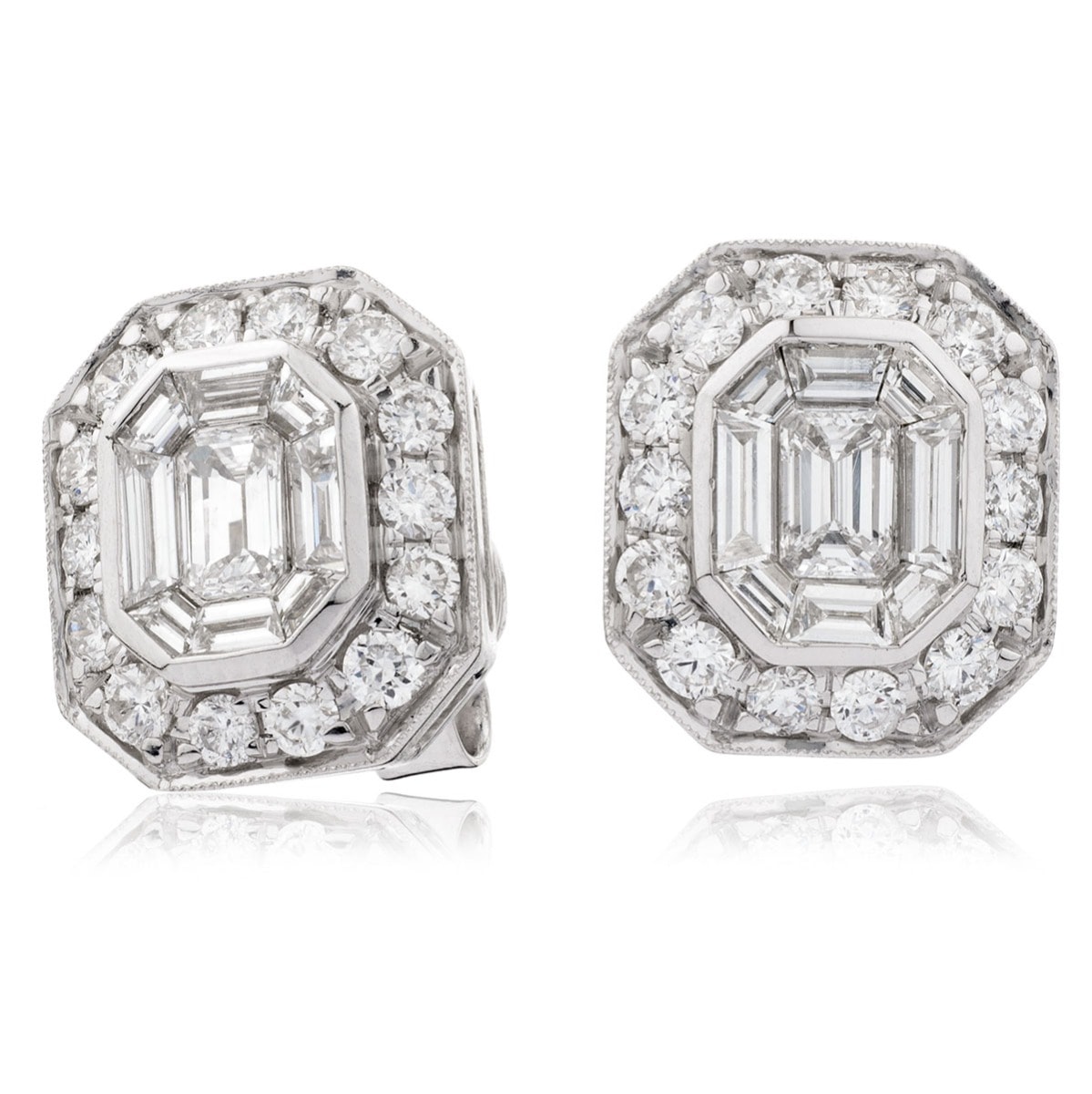 Halo Baguette And Round Cut Diamond Earrings Studs view 1