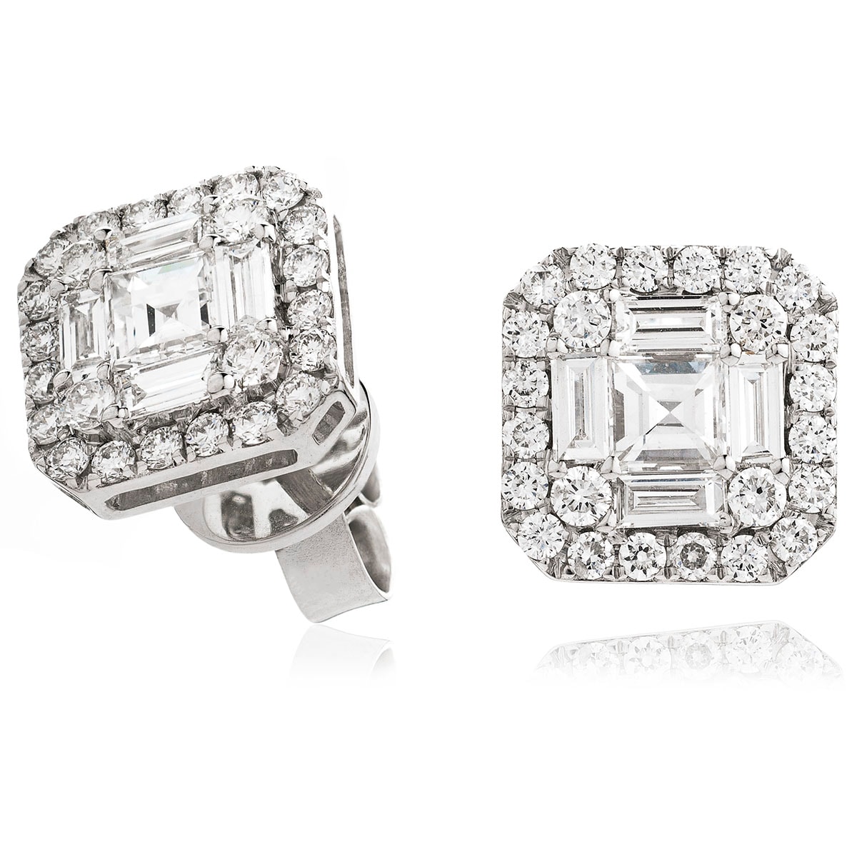 Halo Round And Baguette Cuts Diamond Earrings Studs view 1