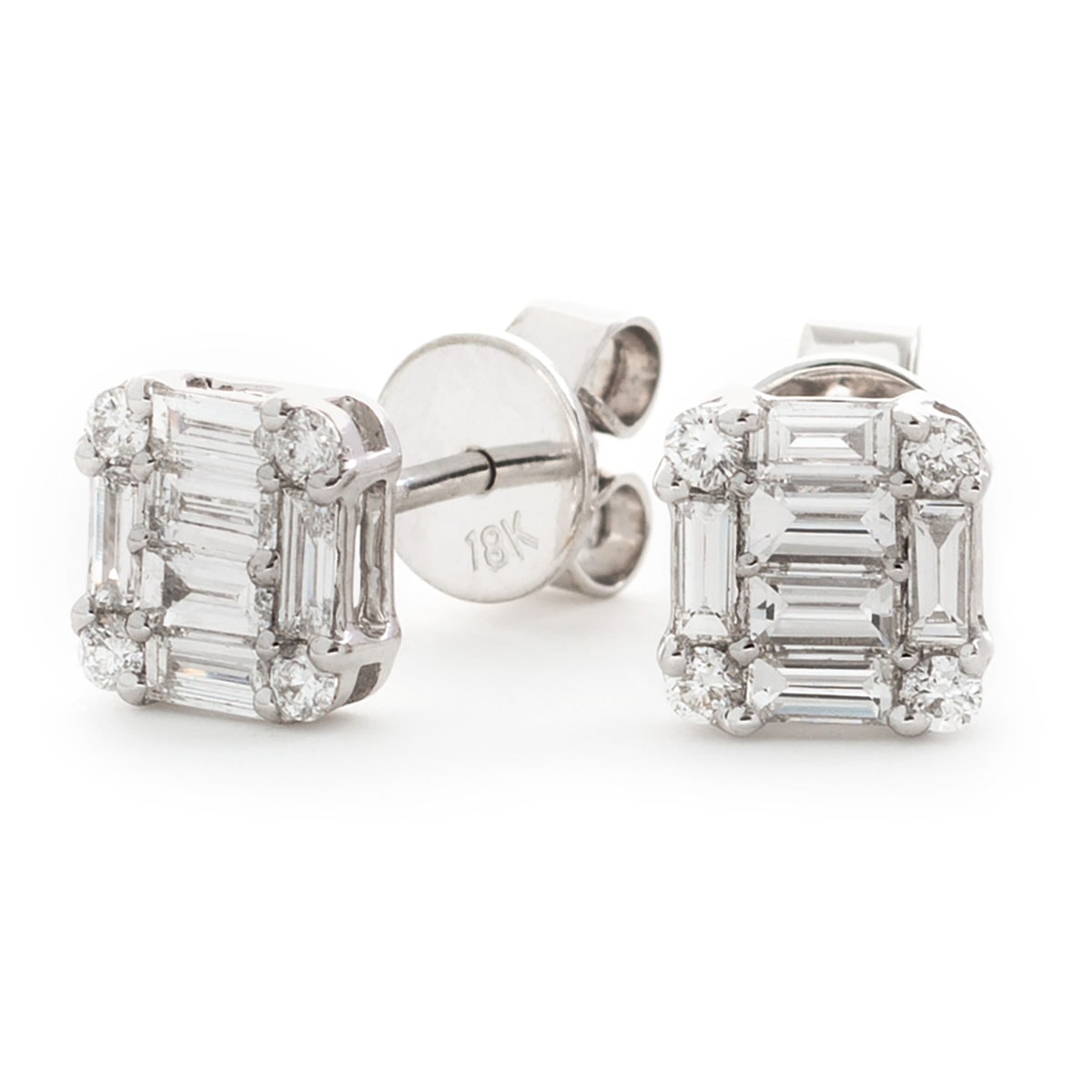 Round And Baguette Cuts Diamond Earrings Studs view 1