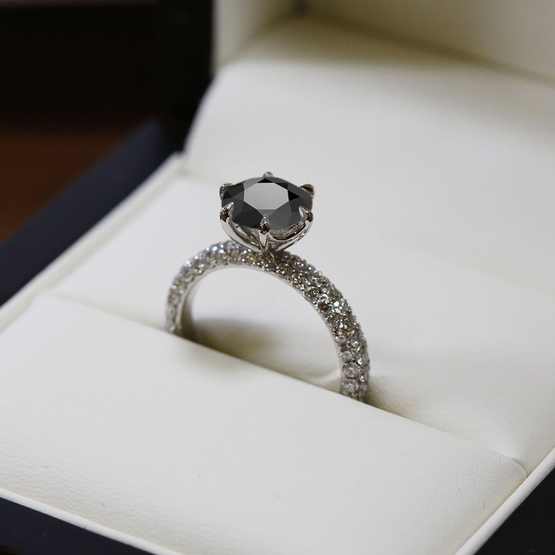 Six Claw 3 Sides Band Setting Round Black Diamond Engagement Ring view 6