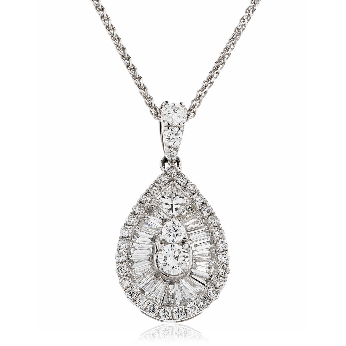 Pear Shaped Halo Round Baguette Cuts Diamond Pendant view 1