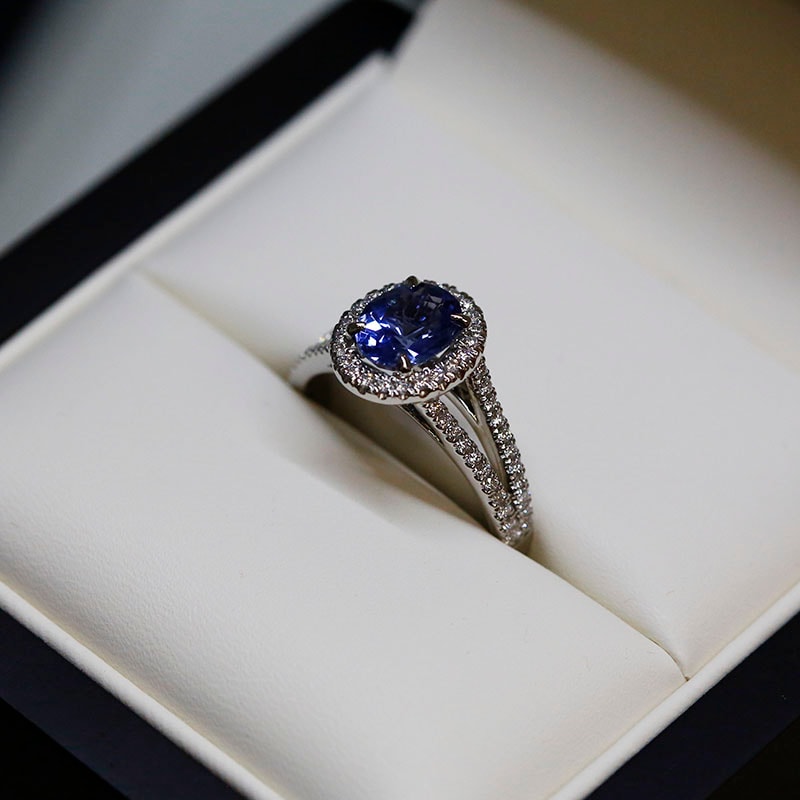Split Shank Blue Sapphire Oval Shape Diamond Halo Ring view 6