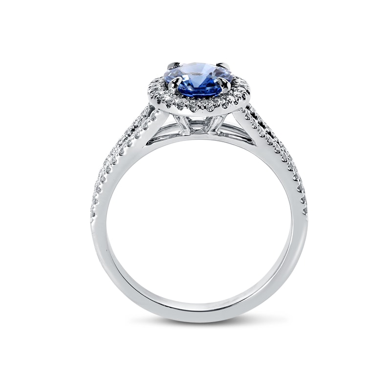 Split Shank Blue Sapphire Oval Shape Diamond Halo Ring view 3
