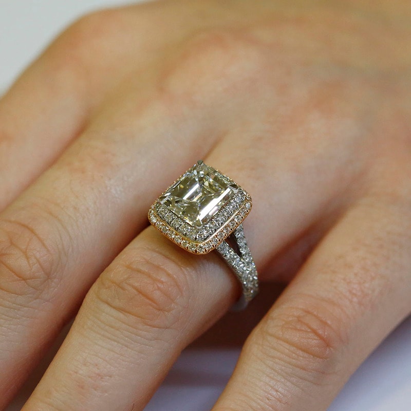 Split Shank Double Halo Emerald Shape Diamond Engagement Ring view 8