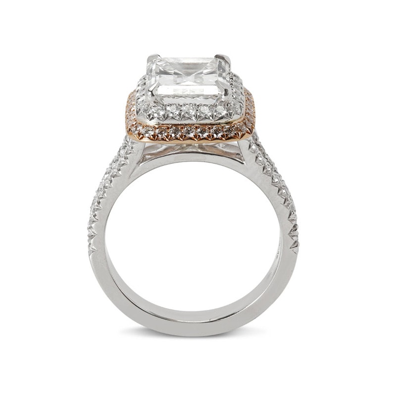 Split Shank Double Halo Emerald Shape Diamond Engagement Ring view 3