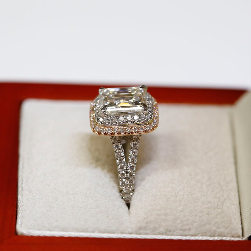 Split Shank Double Halo Emerald Shape Lab Grown Diamond Engagement Ring view 9
