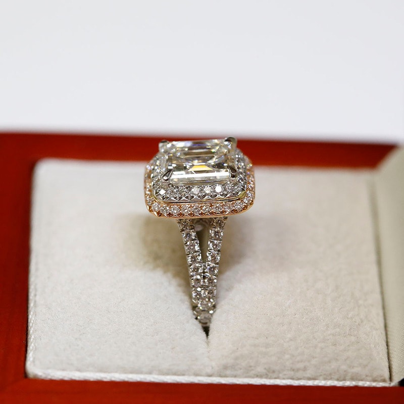 Split Shank Double Halo Emerald Shape Diamond Engagement Ring view 9