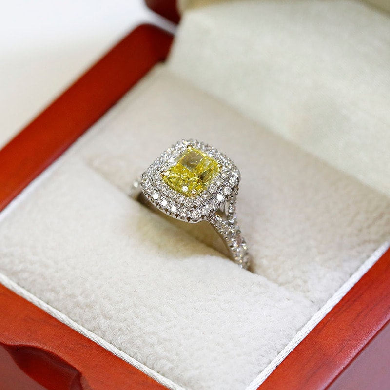 Lab-Grown Yellow Cushion Diamond Double Halo Engagement Ring view 6