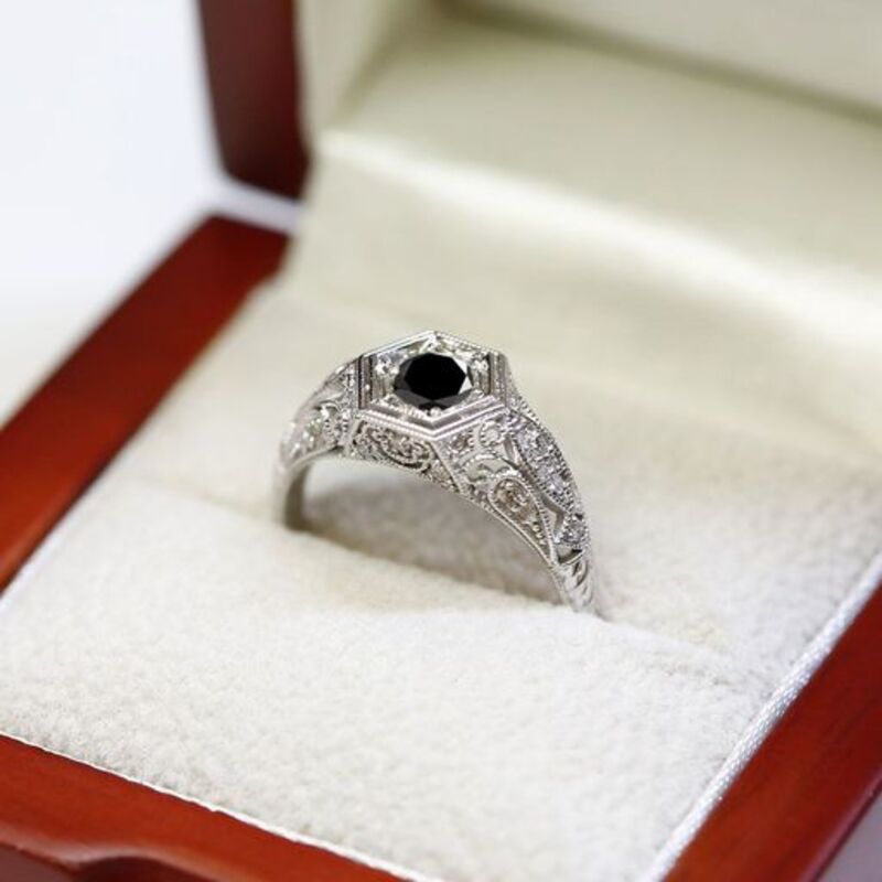 Victorian Style Round Cut Black Diamond Engagement Ring view 5