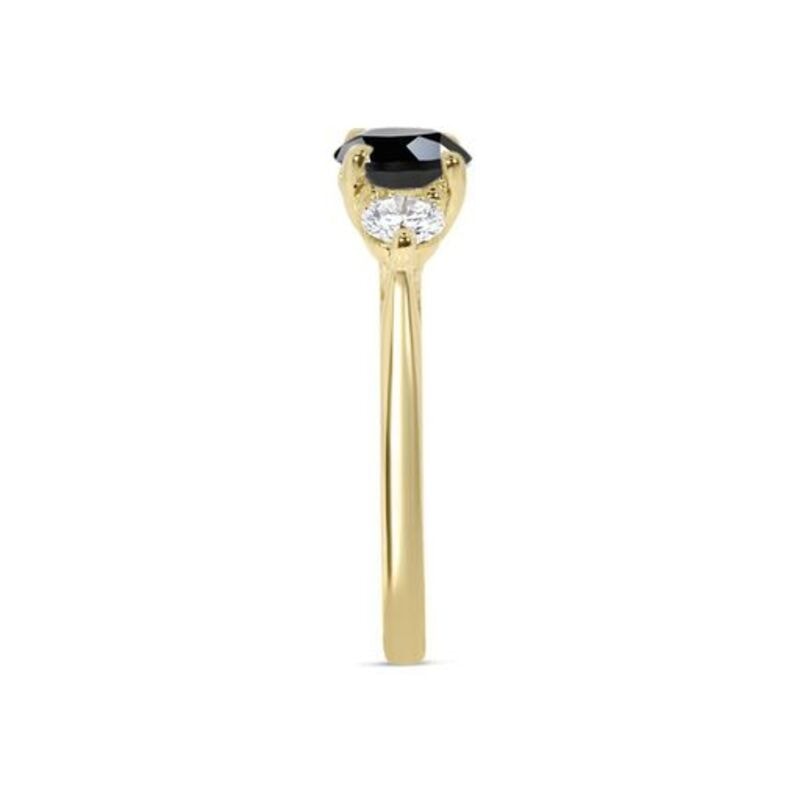 Round Cut Black Diamond Trilogy Yellow Gold Engagement Ring view 3