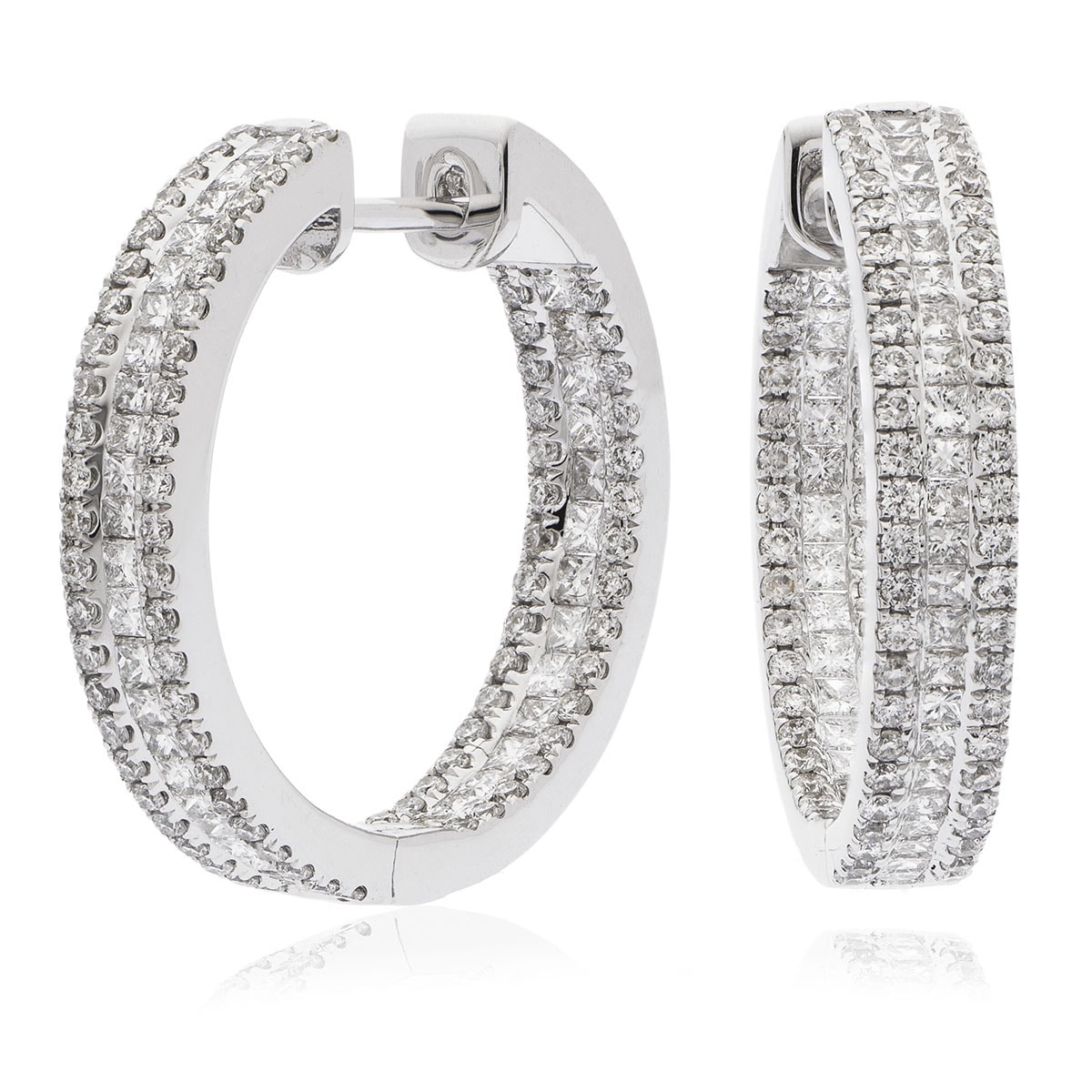 In and Out Princess Cut Three Row Diamonds Hoop Earrings view 1