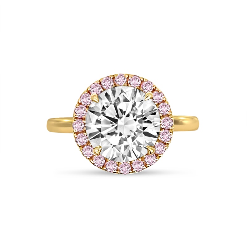 Yellow Gold Round Cut Diamond with Pink Sapphire Halo Engagement Ring view 1