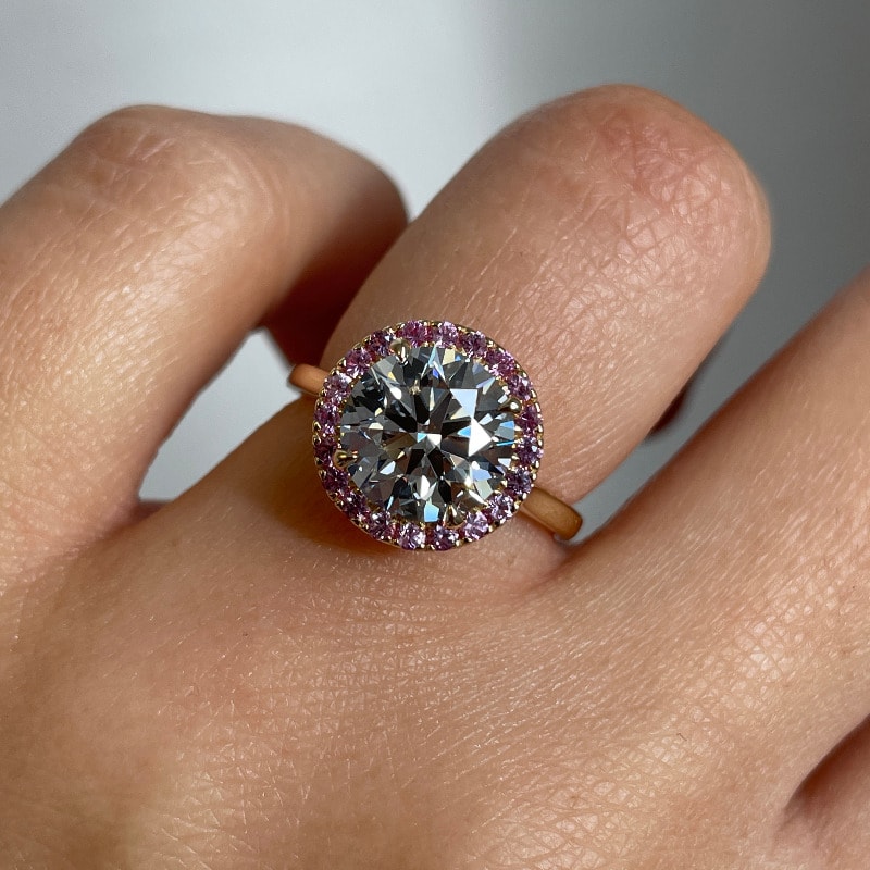 Yellow Gold Round Cut Lab Grown Diamond with Pink Sapphire Halo Engagement Ring view 7