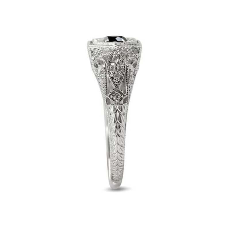 Victorian Style Round Cut Black Diamond Engagement Ring