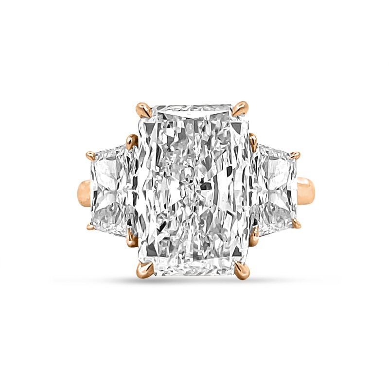 Large Radiant Cut Trapezoids Trilogy Rose Gold Diamond Engagement Ring