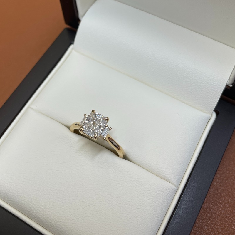 Elongated Lab Grown Cushion and Baguette Side Stone Trilogy Diamond Engagement Ring