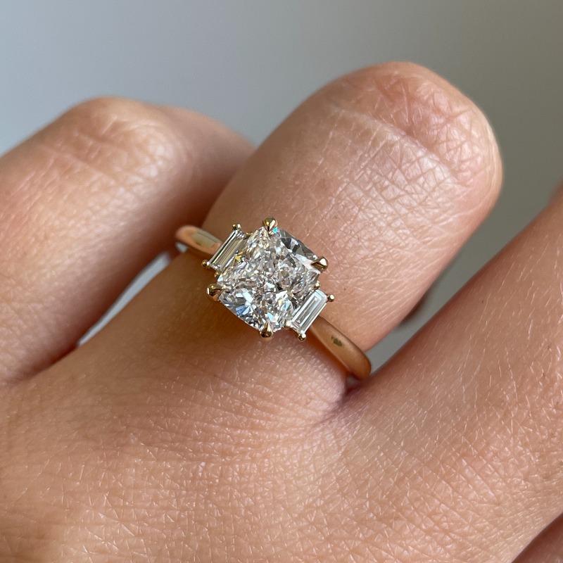 Elongated Lab Grown Cushion and Baguette Side Stone Trilogy Diamond Engagement Ring