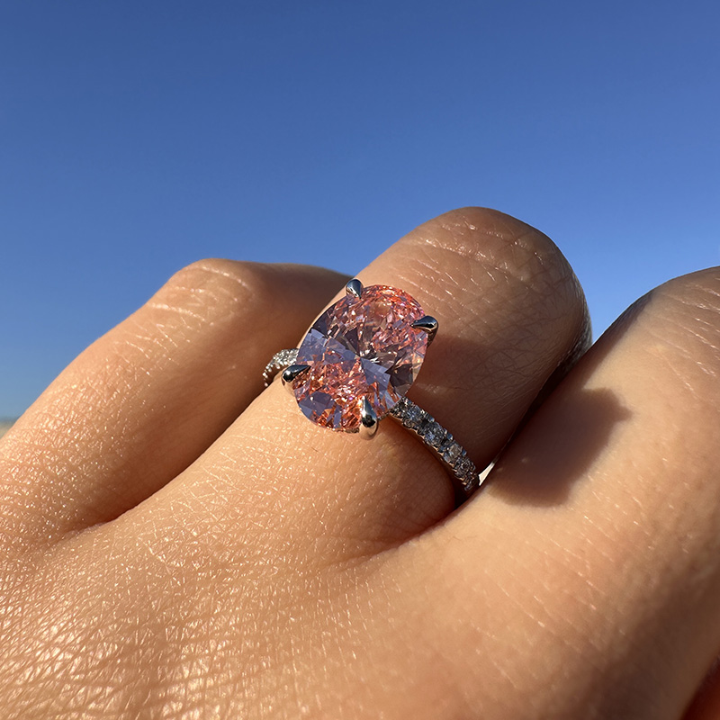 Lab Grown Pink Oval Shoulder Set Solitaire Diamond Engagement Ring 