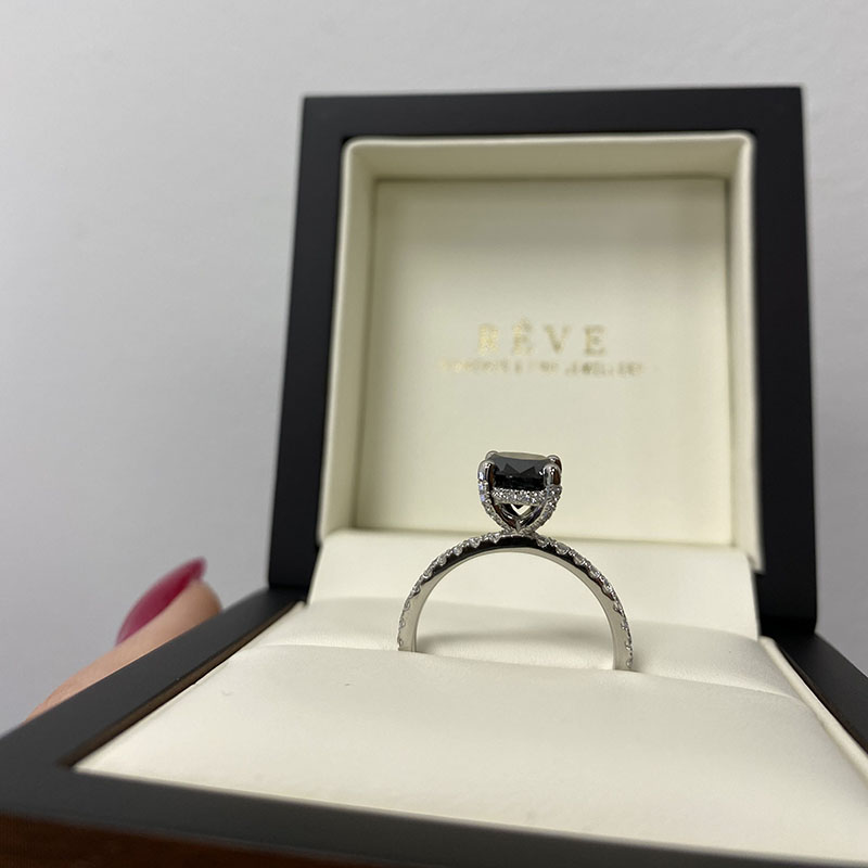 Black Diamond Round Cut Hidden Halo Engagement Ring