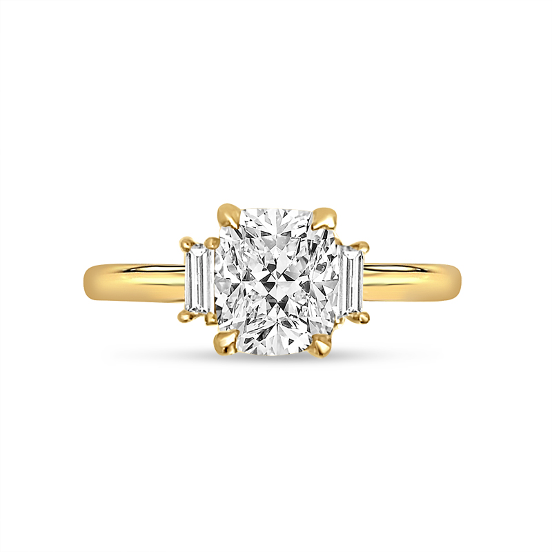Elongated Lab Grown Cushion and Baguette Side Stone Trilogy Diamond Engagement Ring