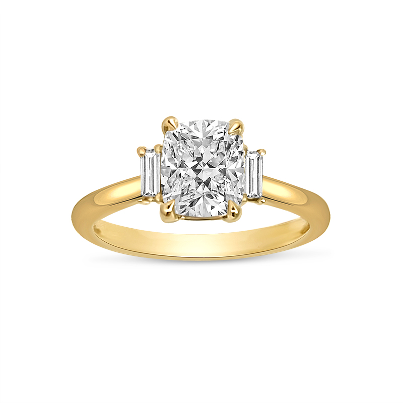 Elongated Lab Grown Cushion and Baguette Side Stone Trilogy Diamond Engagement Ring