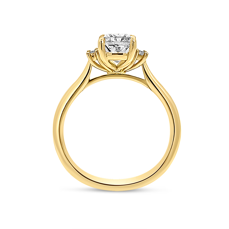 Elongated Cushion and Baguette Side Stone Trilogy Diamond Engagement Ring