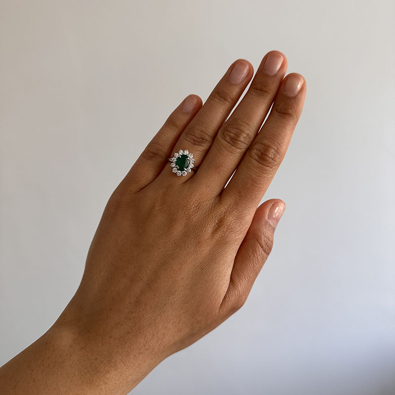 Green Emerald Oval Shape Diamond Cluster Engagement Ring