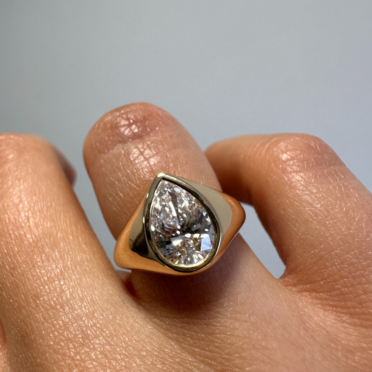 Bezel Pear Shape Signet Style Lab Grown Diamond Engagement Ring 